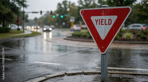 Yield road sign stands prominently in a rainy environment, surrounded by blurred vehicles and greenery, emphasizing traffic safety and navigation concepts