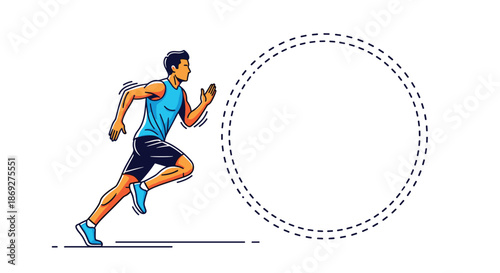 Athletic man in a blue tank top and black shorts running with a determined expression next to a dotted circular frame.