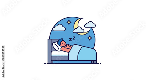Peaceful man sleeping in a comfortable bed under a blue sky with a crescent moon and fluffy clouds in flat icon style.