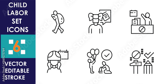 Child labor set icons showing exploitation, poverty, education denial, and awareness symbols, presented as clean vector illustrations with editable strokes on light background