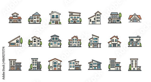 Collection of various modern residential house designs and architecture styles shown in small colorful icons on white.