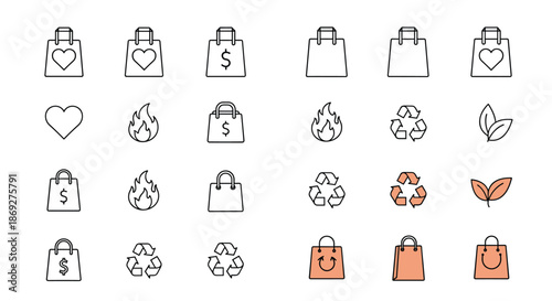 Collection of shopping and environmental icons featuring shopping bags, hearts, dollar signs, recycle symbols, and leaves in various styles.