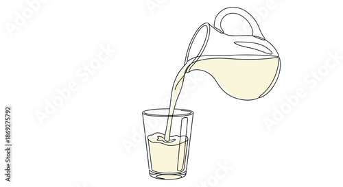 Continuous line drawing of fresh milk being poured from a glass jug into a drinking glass on a clean white background.