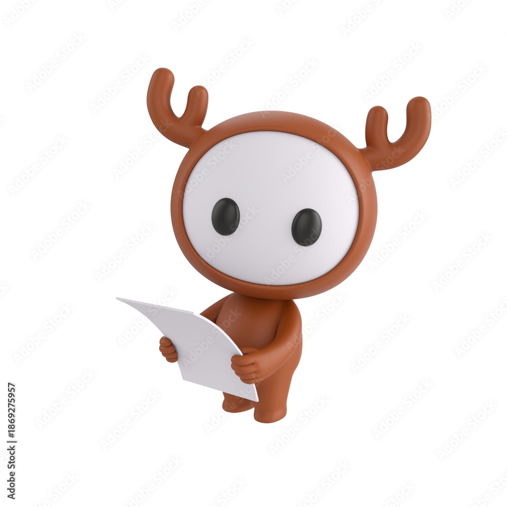 Fototapeta premium Cute 3D render Little Deer Monster character standing and holding a sheet of paper, looking up toward the camera with an attentive and thoughtful expression, isolated on white background.