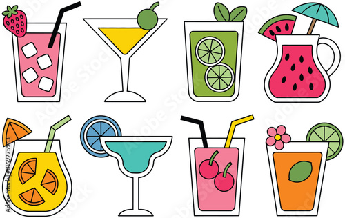 illustration of eight colorful cocktails with various fruits and decorations on a white background, a premium ranked collection of detailed beverage illustrations perfect for menus, bar branding,