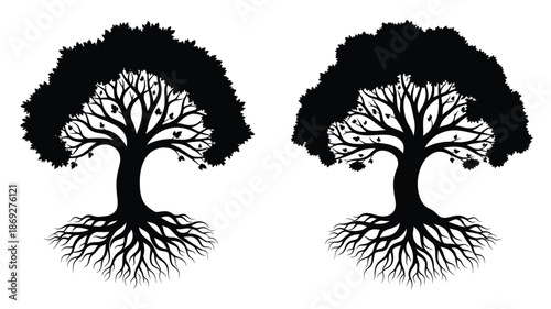 Two detailed tree shapes with visible roots a striking black silhouette