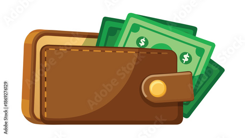 Vector image of a wallet displaying cash and coins in a flat design style