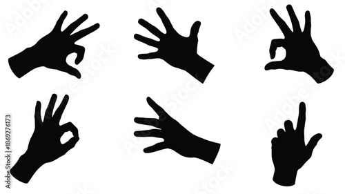 Six black hand gestures in various poses a striking silhouette