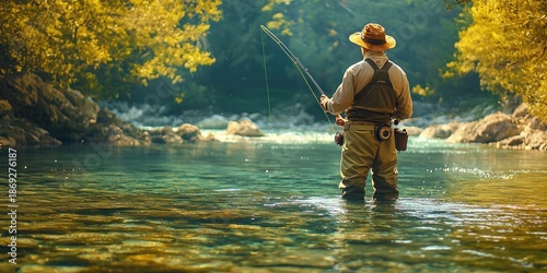 Man wearing hat fly-fishes in crystal clear green river surrounded by forest, standing knee-deep in water under dappled sunlight. Generative by AI.