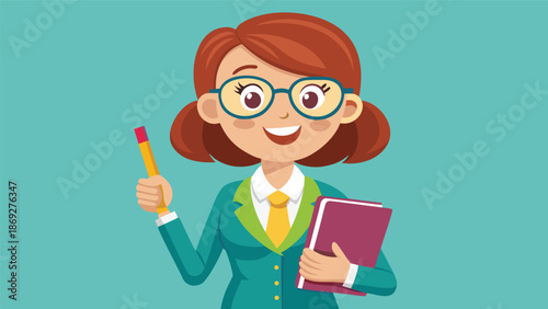 A cartoon woman dressed in a suit, holding a book and pencil, exuding a professional and cheerful demeanor