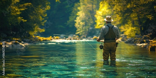 Man wearing hat fly-fishes in crystal clear green river surrounded by forest, standing knee-deep in water under dappled sunlight. Generative by AI.