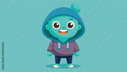 Cartoon image of a blue alien wearing a hoodie, featuring large eyes and a playful expression