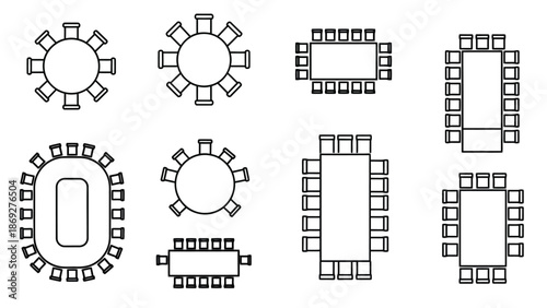 Diagrams of table arrangements including round rectangular and oval layouts