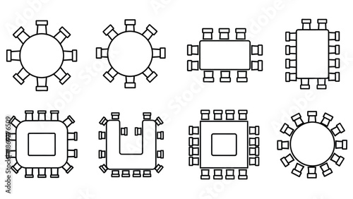 Various seating arrangements for tables including round square and rectangular layouts