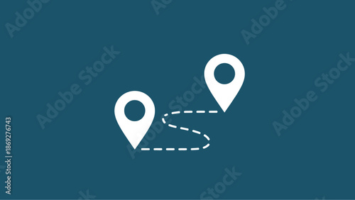 Two location pins connected by a dashed line on a teal background