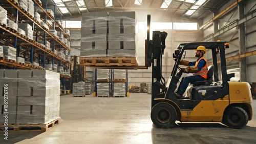Warehouse worker operating forklift transporting packaged goods indoors
