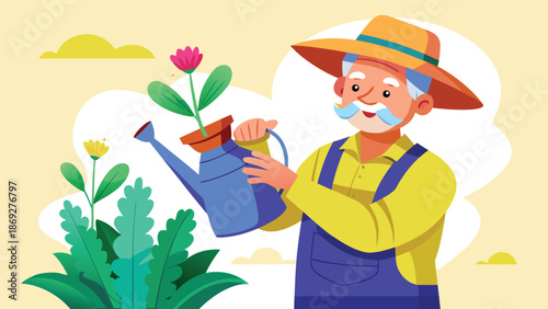 An elderly man watering plants in a vibrant garden, surrounded by greenery and blooming flowers