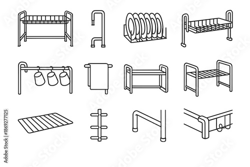 Form drying inverted spine cup modular tubular rack vector minimalist dish icons
