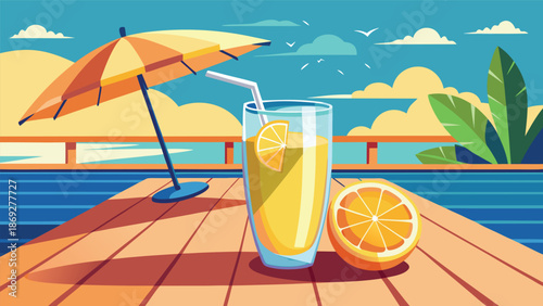 A chilled glass of lemonade featuring a slice of lemon and a colorful umbrella, perfect for a summer day