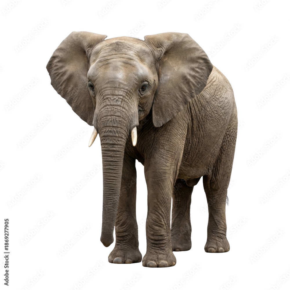 Fototapeta premium African Elephant Standing Front View Isolated on White Background