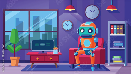 In a living room, a robot is seated in a chair, accompanied by a clock and a computer on a nearby table