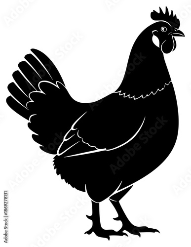 a black silhouette of a rooster or hen standing, black, chicken, hen, illustration, rooster, silhouette, stand, against transparent background