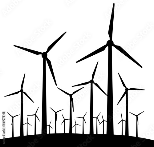 a black and white diagram of a wind farm on a hill or field, black, diagram, field, hill, hillside, silhouette, wind farm, wind turbine, windmill, against transparent background