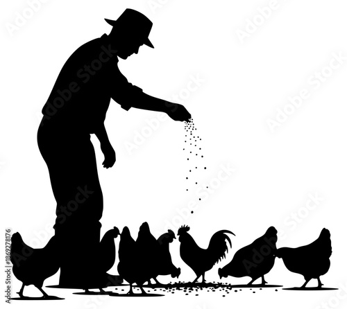 silhouette of an old man feeding the chickens, chicken, farmer, feed, man, old, person, seed, silhouette, against transparent background