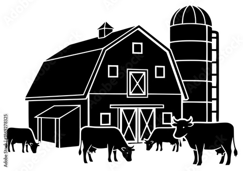 a black and white silhouette of a herd of cows grazing in front of a barn, barn, black, cattle, cow, farm, graze, herd, silhouette, against transparent background