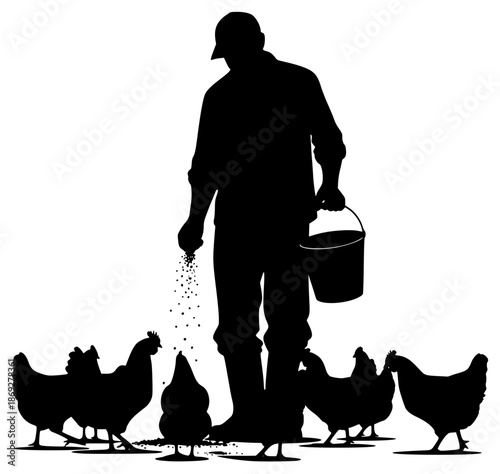 black silhouette of a farmer with bucket and chickens, black, bucket, chicken, farmer, man, person, silhouette, against transparent background
