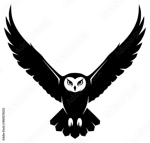a black and white silhouette of an owl in flight with spread wings, black, eye, flight, fly, owl, silhouette, wing, against transparent background