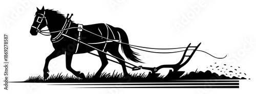 a black and white silhouette of a farmer plowing a field with a horse, black, farmer, field, grass, horse, illustration, man, pull, silhouette, against transparent background