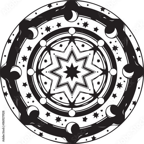 Elegant star ring mandala silhouette featuring a circular arrangement of stars in a balanced, symmetrical design