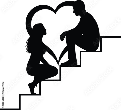 Romantic couple silhouette on staircase with heart shape symbolizing love support relationship growth emotional connection minimalist illustration