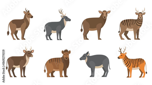 Collection of diverse prehistoric ungulates featuring various antlered deer like cervids and stylized striped mammals illustrated in flat vector art
