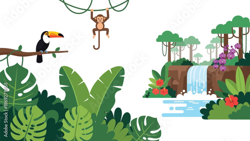 Charming cartoon illustration of a vibrant jungle scene featuring a playful monkey swinging above lush tropical foliage and a colorful toucan watching nearby