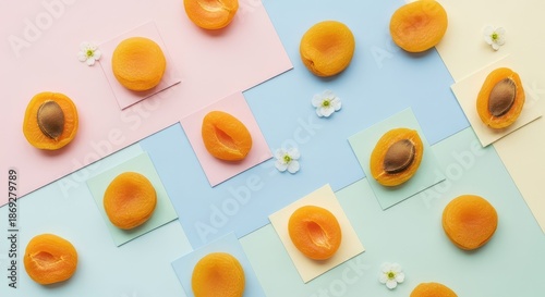 Vibrant apricots on colorful backgrounds with flowers