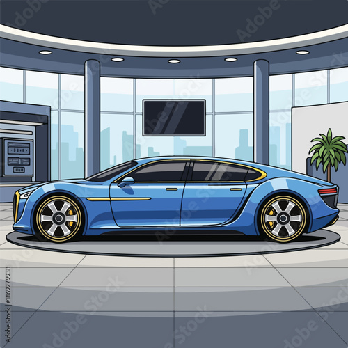 A blue sports car on display