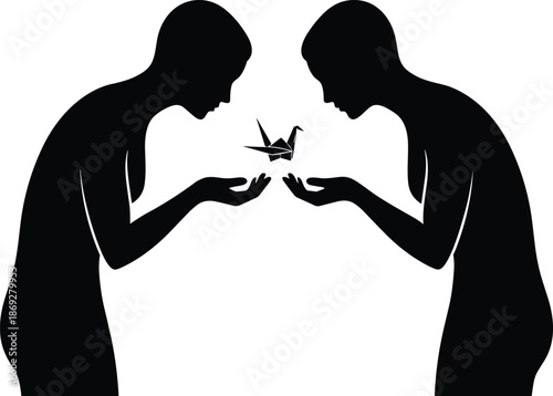 Two people silhouette sharing origami crane, peace offering, mutual respect, apology, trust, harmony, reconciliation concept, minimal black vector illustration