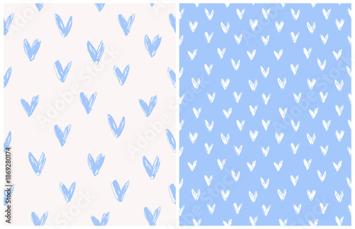 Simple Irregular Heart Print. Hand Drawn Hearts On a Pastel Blue and Off-white Background. Love Symbol Tileable Design Ideal For Fabric, Textile, Baby Boy Products.