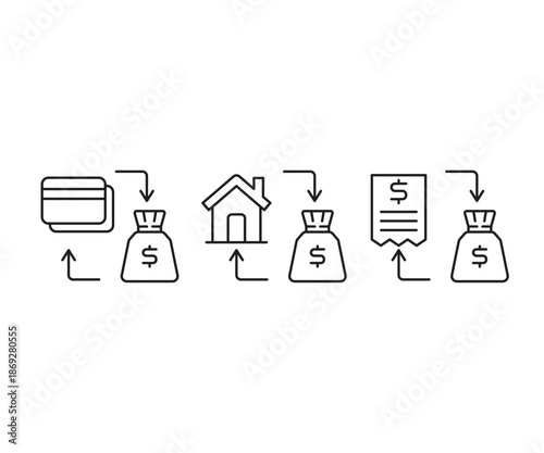 money sack and fund allocation line icons set vector illustration