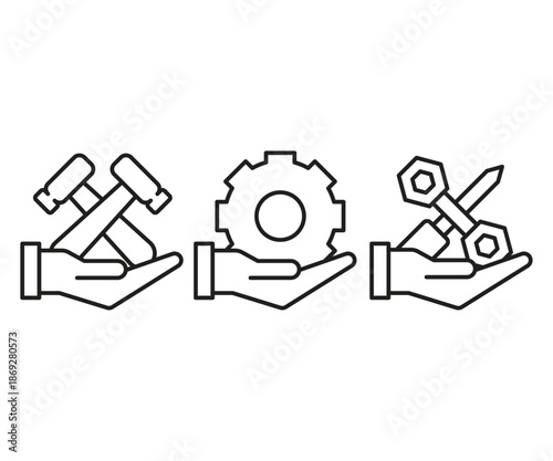 hand holding tools line icons set vector illustration
