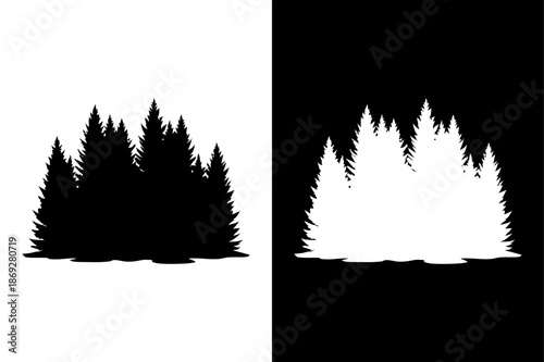 Stylized Evergreen Forest Silhouette Seamless Vector Background with Pine and Spruce Trees