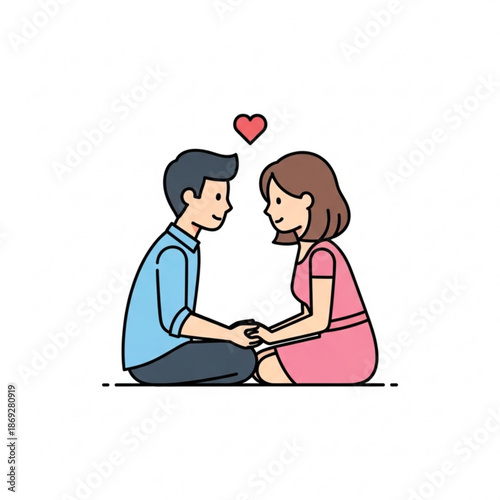 Couple holding hands and gazing at each other with a heart above them, sitting together on the floor, illustration, minimalist, tender moment