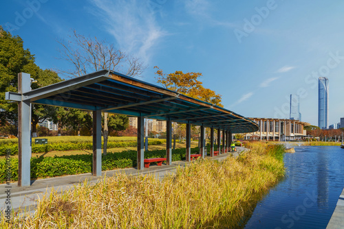 The skyline of modern cities, the Civic Square, and the scenery of Jinji Lake in Suzhou, Jiangsu Province, China on December 8, 2025