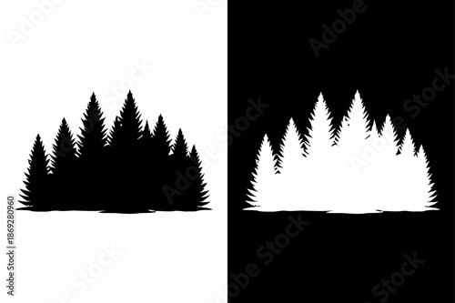 Seamless Forest Silhouette Landscape with Multiple Rows of Pine Trees in Black and White Vector Panorama