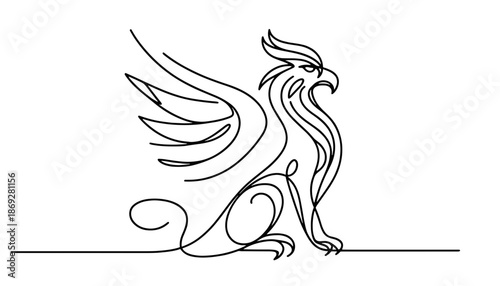 Stylized griffin in continuous line art on transparent background, symbolizing myth and power