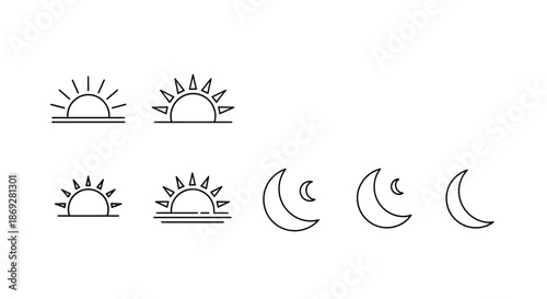Minimalist line art icons of sunrises, sunsets, and moon phases. Outline vector symbols for day, night, weather, and astronomy.