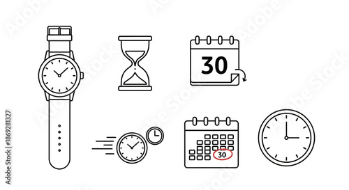 Time and Schedule Line Icons Set. Includes Watch, Hourglass, Calendar, Clock Symbols for Planning, Deadlines, and Events.
