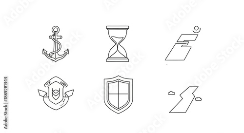 Line art vector icons set: anchor, hourglass, security shields, and abstract journey paths. Outline symbols for stability and time.